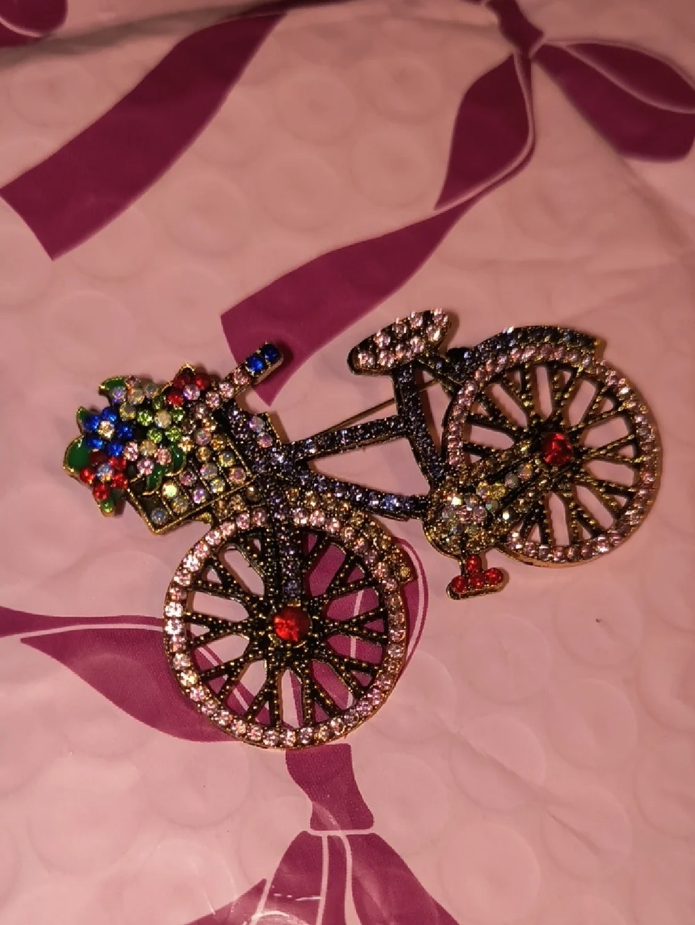 Rhinestone Bicycle Brooch - Multicolor Sparkle Accent
